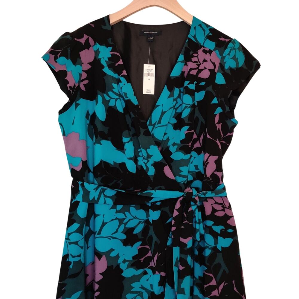 Banana Republic Floral Print Wrap Dress Size 14 Teal Black Party Wedding Y2K NWT - Picture 6 of 16